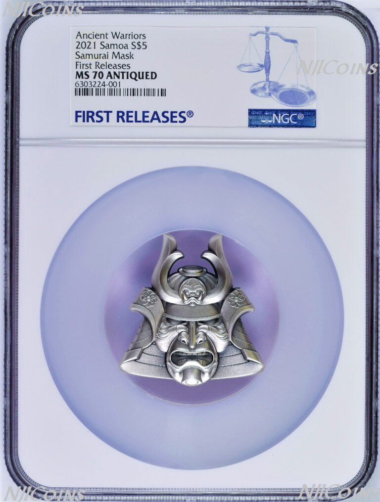 Read more about the article 2021 Ancient Warriors-Samurai Mask-Shaped 2oz Silver $5 Antiqued Coin NGC MS70