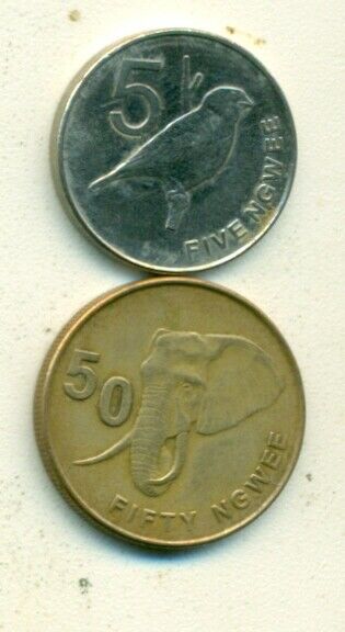 Read more about the article 2 COINS from ZAMBIA – 50 NGWEE w/ ELEPHANT and 5 KWACH w/ BIRD (BOTH DATING 2012)