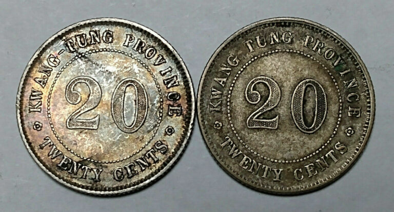 Read more about the article Lot of 2x China Kwangtung Province 20 Cents 1919 and 1920 Y# 423 Silver