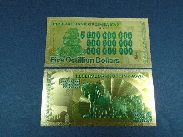 Read more about the article Zimbabwe 5 Octillion Dollars Beautiful Souvenir Gold Banknote