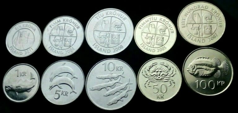 Read more about the article Iceland SET of 5 COINS 1 5 10 50 100 Kronur 2005 to 2011 UNC