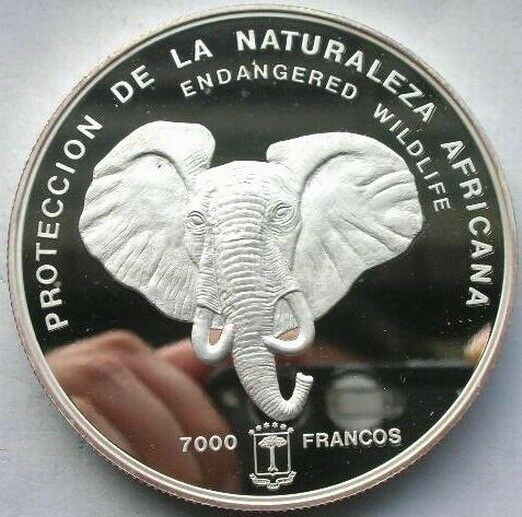 Read more about the article Equatorial Guinea 1995 Elephant 5oz 7000 Francs Silver Coin Proof-B