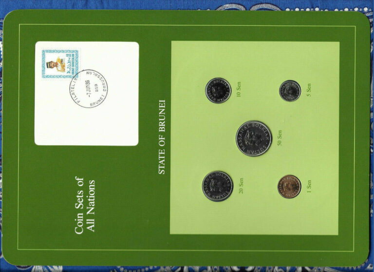 Read more about the article Coin Sets of All Nations Brunei w/card UNC 50  20  10 Sen 1985 5 and 1 Sen 1984