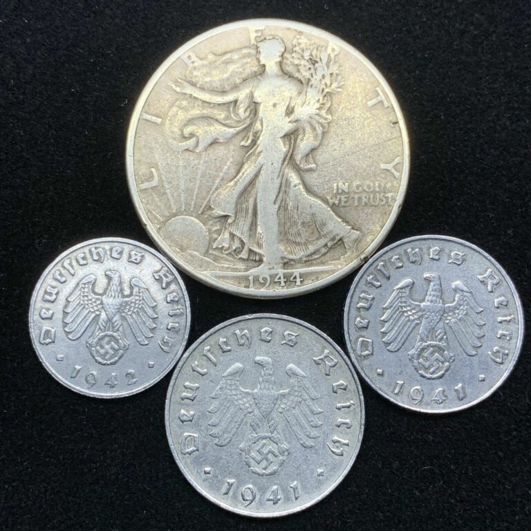 Read more about the article Third Reich Lot 3 WW2 German Zinc Coins and 1 Silver Walking Liberty Half Dollar