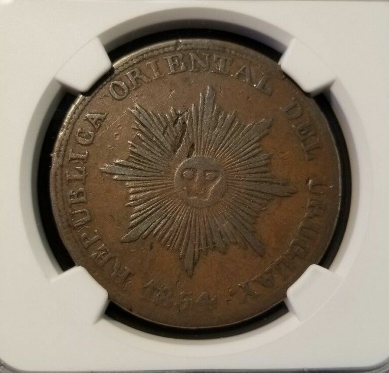 Read more about the article 1854 URUGUAY 20 CENTESIMOS SMALL VALUE NGC VF 20 BN