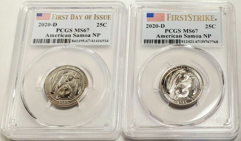 Read more about the article 2020 D PCGS MS67 AMERICAN SAMOA NP 25C 2 QUARTERS FIRST STRIKE AND FDOI 2 COINS