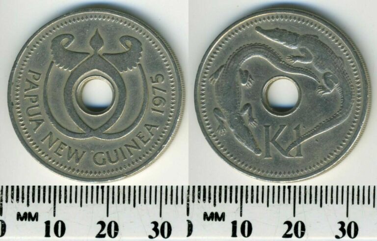 Read more about the article Papua New Guinea 1975 – 1 Kina Copper-Nickel Coin – Crocodiles  center hole – #2