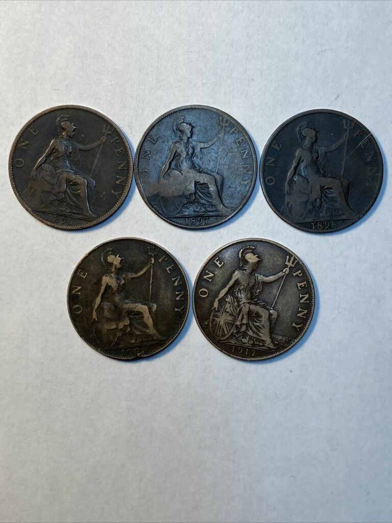 Read more about the article 5 English  British  United Kingdom One Penny coins 1896  1897  1898  1908  1917