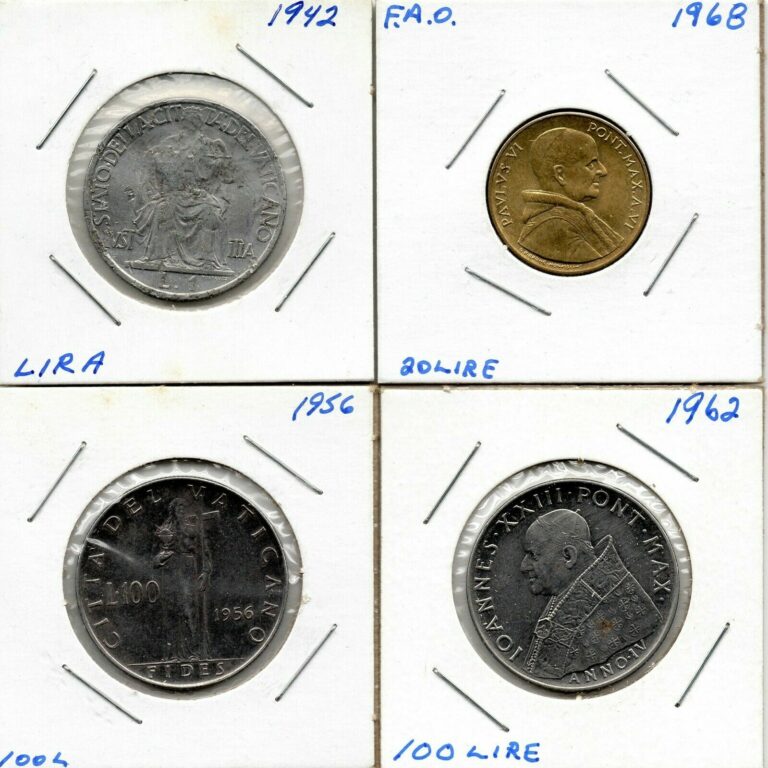 Read more about the article 4 coins Vatican City 1942 1956 1962 1968 1 20 100 Lire Pope John XIII Italy FAO