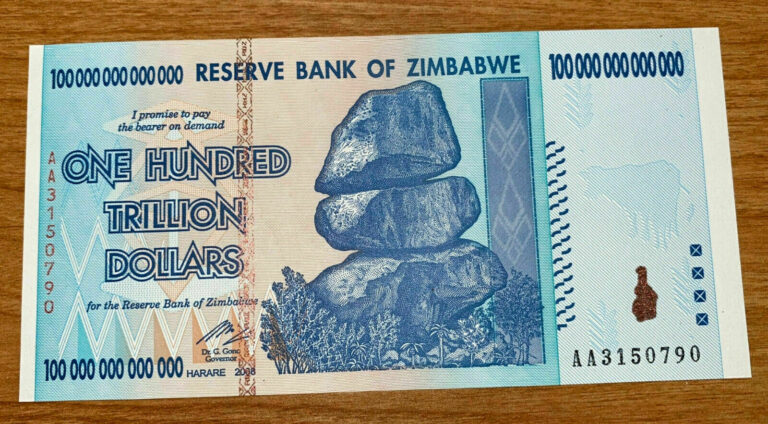 Read more about the article 2008 100 TRILLION DOLLARS ZIMBABWE BANKNOTE AA P-91 GEM Unc Note Currency