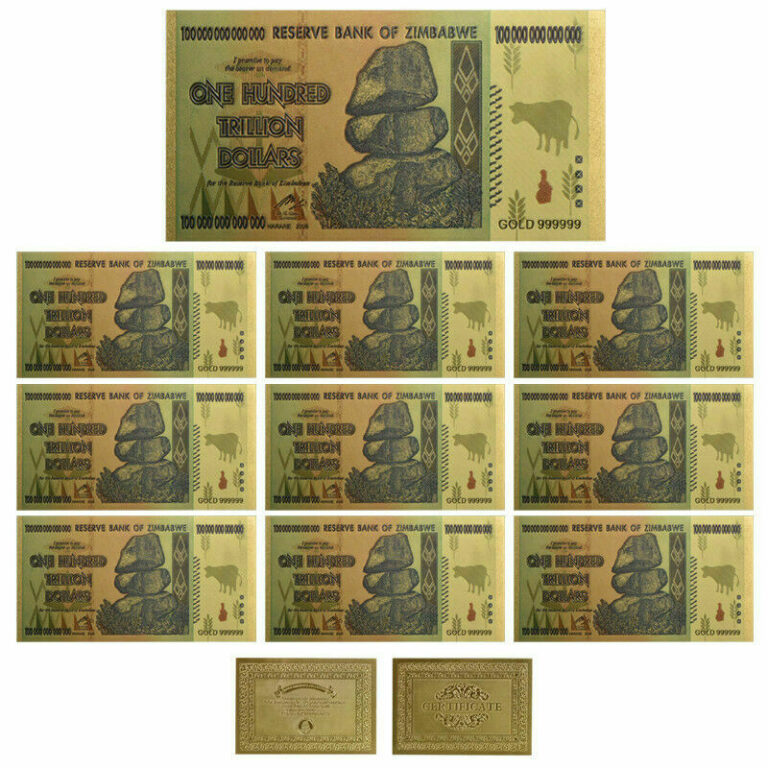 Read more about the article WR 10× $100 One Hundred Trillion Dollar Zimbabwe Gold Banknote Set /w Rock COA