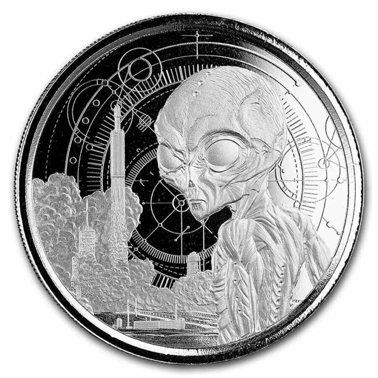 Read more about the article 2021 Republic of Ghana 1 oz Silver 5 Dollar Space Alien BU – SKU#236194