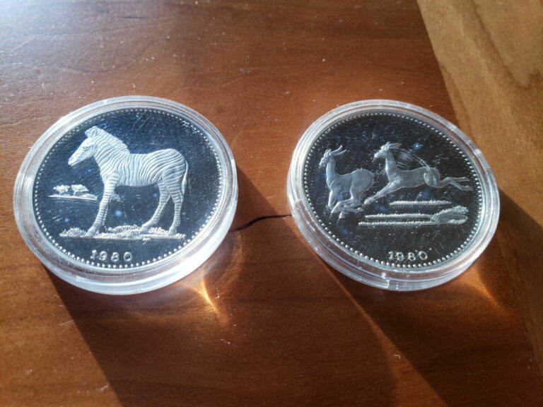 Read more about the article Coins: Equatorial Guinea 2000 Ekuele KM#55and56 Silver Coins with Zebra and Impala