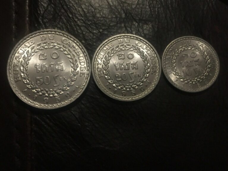 Read more about the article CAMBODIA 3 DIF UNC COINS SET 1959 YEAR 10  20  and 50 sen