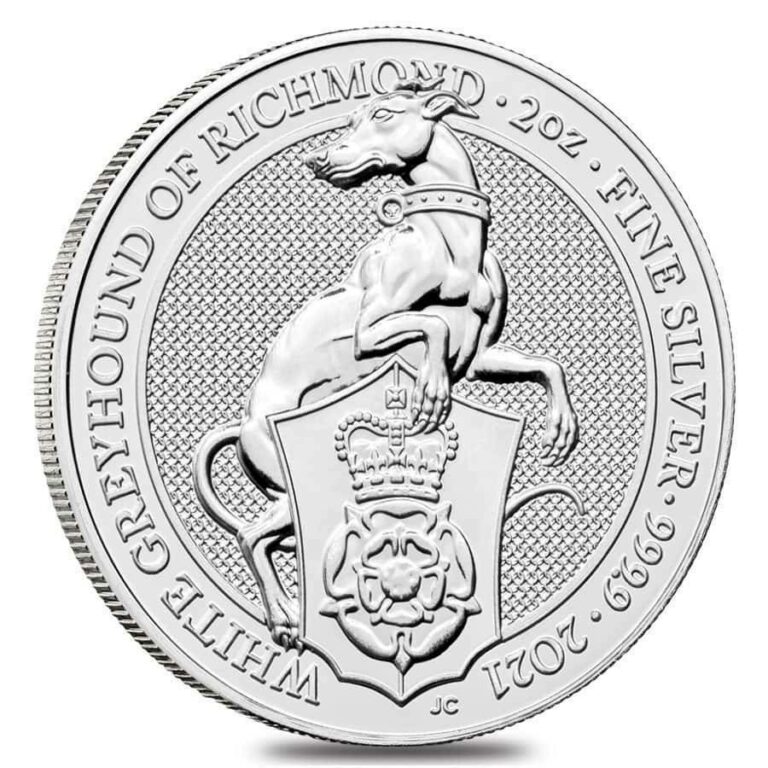 Read more about the article 2021 Queen’s Beast Series The White Greyhound Of Richmond 2 oz Silver BU Coin