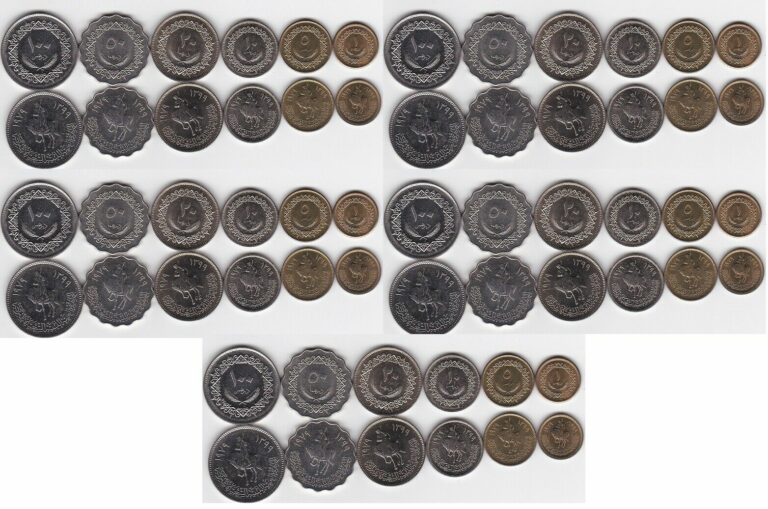 Read more about the article Libya – 5 pcs x set 6 coins 1 + 5 + 10 + 20 + 50 + 100 Dirham 1979 aUNC / UNC