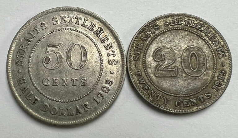 Read more about the article Straits Settlements 1908 50 Cents and 1919 B 20 Cent Silver 2 Coin Edward Malaysia