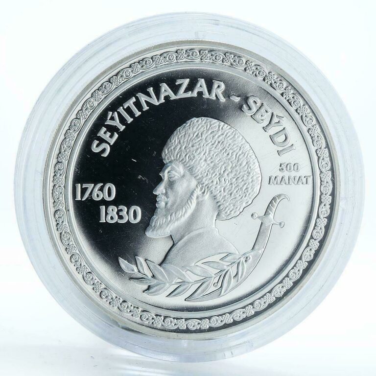 Read more about the article Turkmenistan 500 manat Great Turkmen Poet Seyitnazar silver proof coin 2003