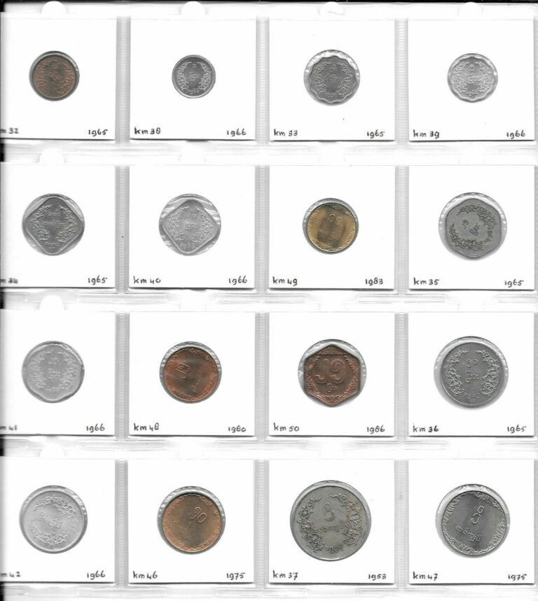 Read more about the article MYANMAR 1 PYA – 1 KYAT 1953-1986 Lot of 16 Coins. WW6
