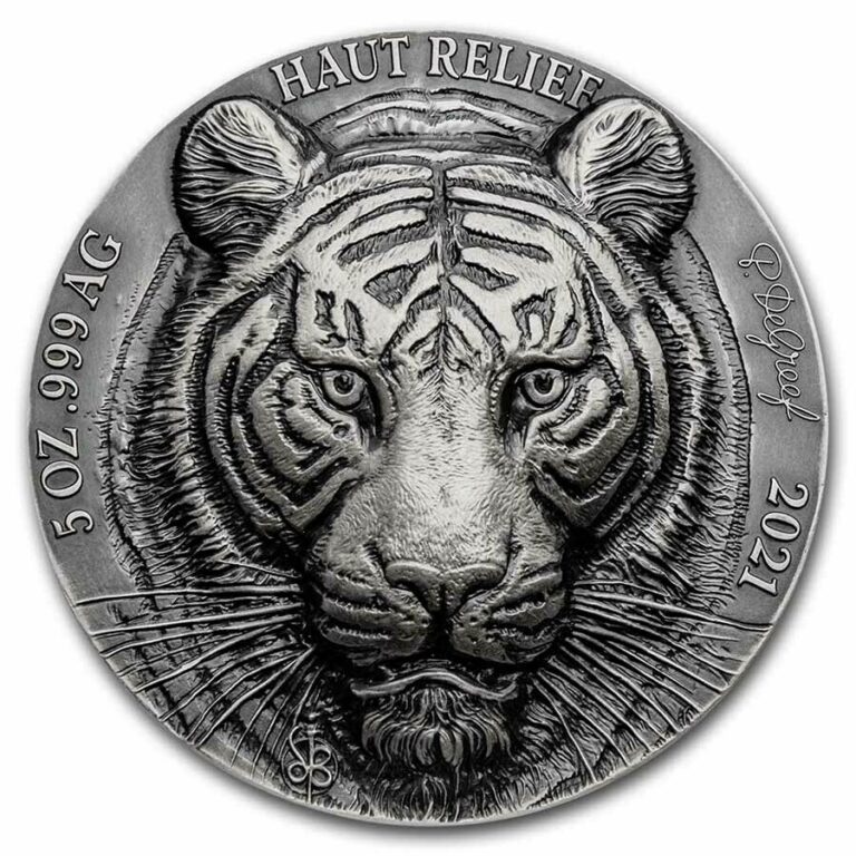 Read more about the article 2021 Ivory Coast 5 oz Antique Silver Big Five Asia: Tiger – SKU#231475