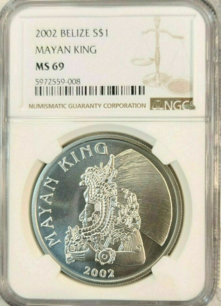 Read more about the article 2002 BELIZE SILVER 1 DOLLAR S$1 MAYAN KING NGC MS 69 SCARCE HIGH GRADE BEAUTIFUL