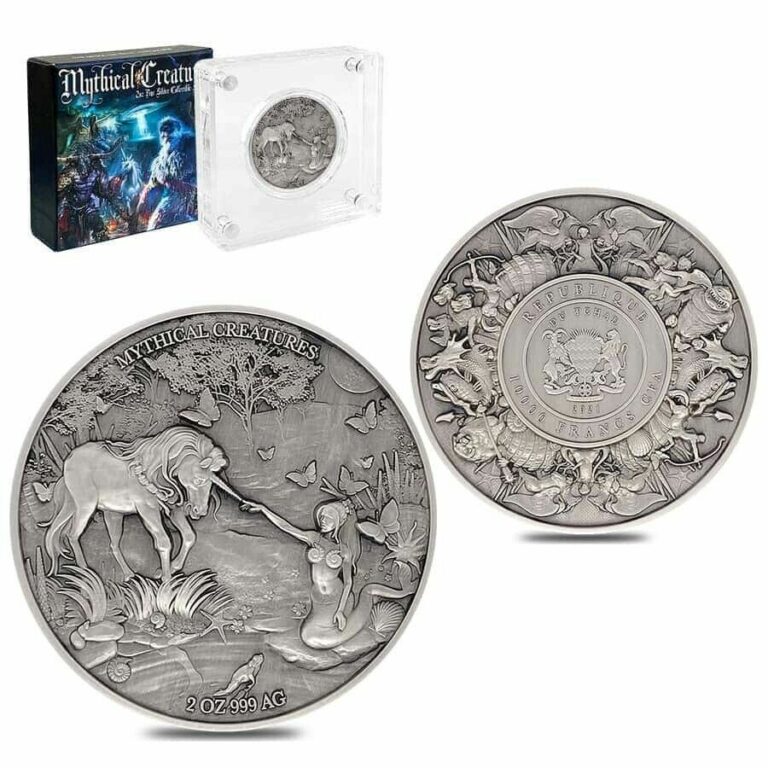 Read more about the article Sale Price – 2021 Chad 2 oz Silver Mermaid and Unicorn Mythical Creatures (w/Box)