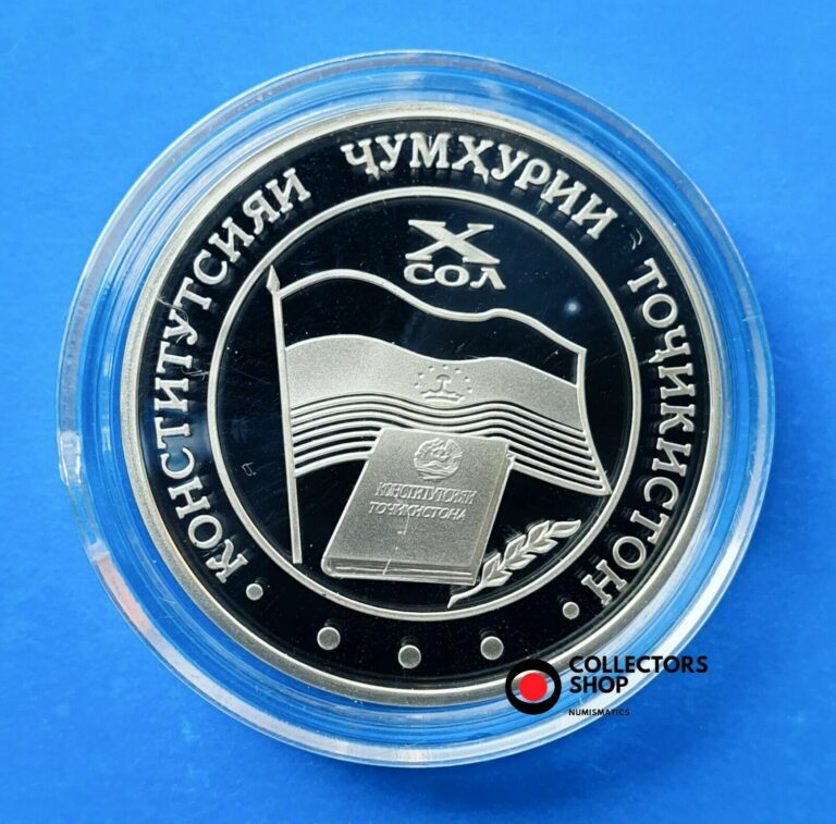 Read more about the article TAJIKISTAN: Silver coin 5 Somoni 10 Yrs of Constitution PROOF 2004 RARE