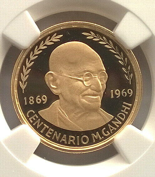 Read more about the article Equatorial Guinea 1970 Gandhi 500 Pesetas NGC PF69 Gold Coin Rare!