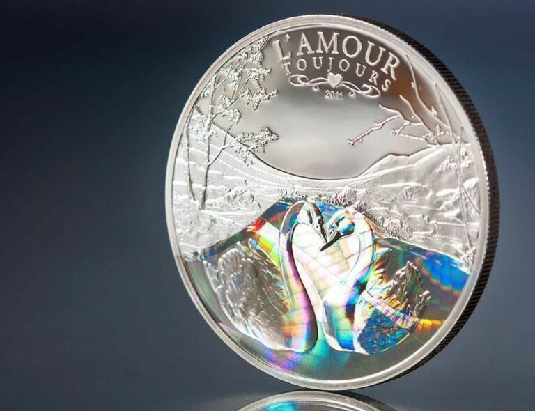 Read more about the article 2011 1000CF Cameroon L’AMOUR TOUJOURS Silver Coin  Valentines Swans  Holographic