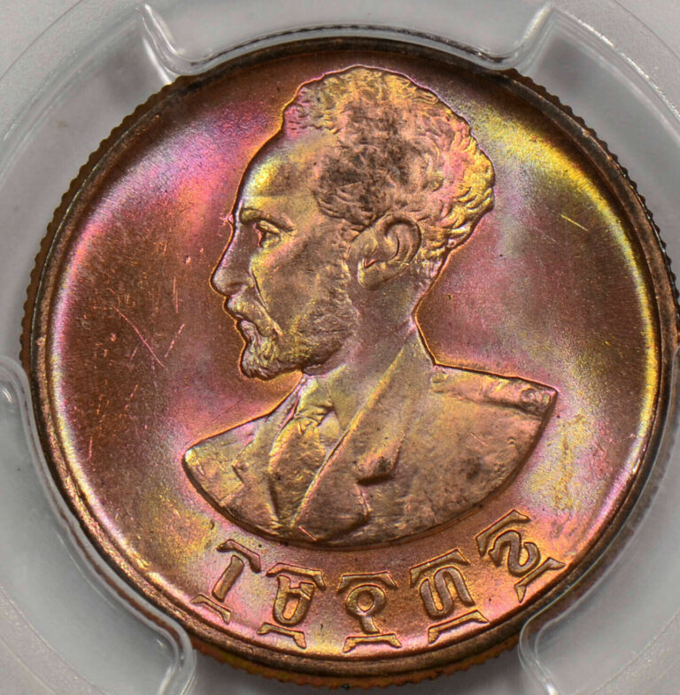 Read more about the article PC0097 Ethiopia 1936 25 Cents PCGS MS 64 RB Gorgeous purple and yellow toning!