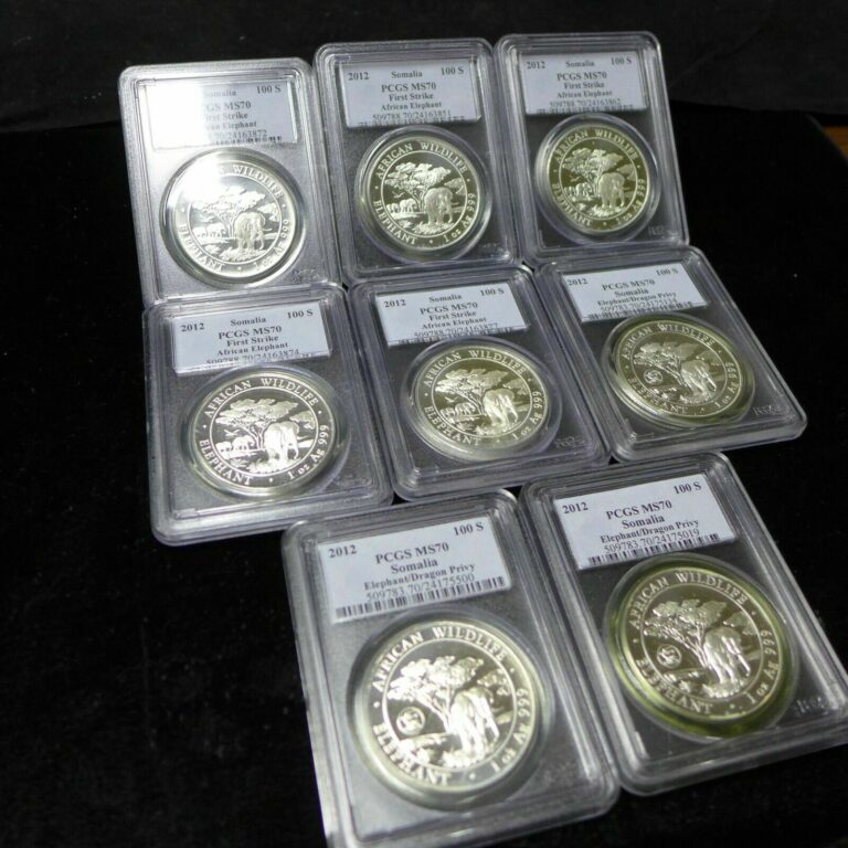 Read more about the article Lot of (8) 2012 Somalia Elephant Silver 100S PCGS MS70 (3) are Dragon Privy