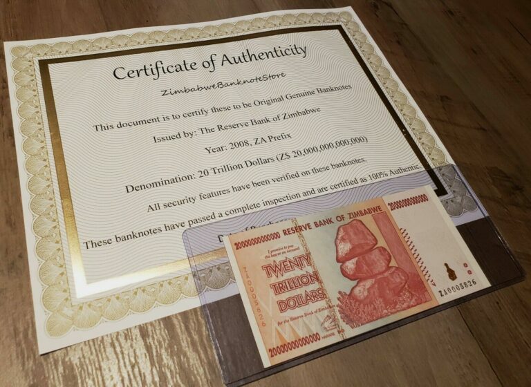 Read more about the article Zimbabwe 20 Trillion Dollars Banknote 2008 UNC + COA Certificate of Authenticity