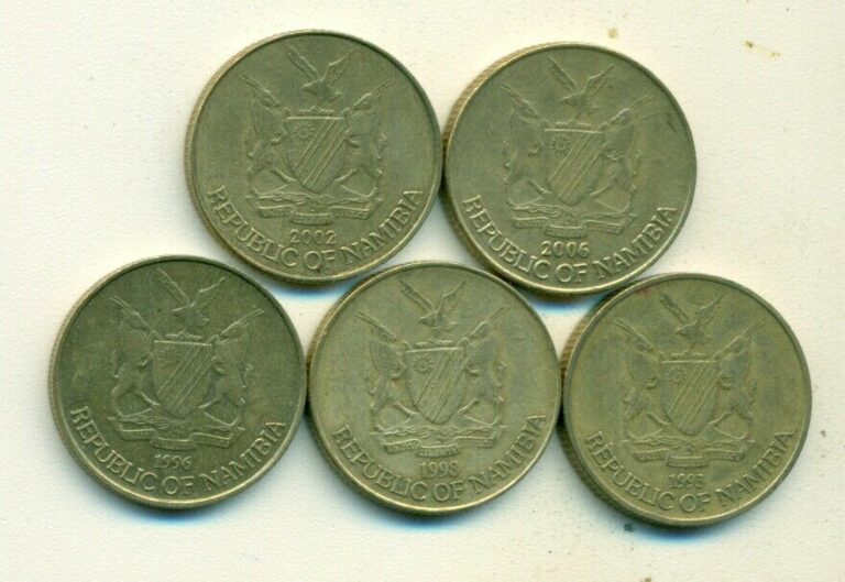 Read more about the article 5 DIFFERENT 1 DOLLAR COINS from NAMIBIA (1993  1996  1998  2002 and 2006)