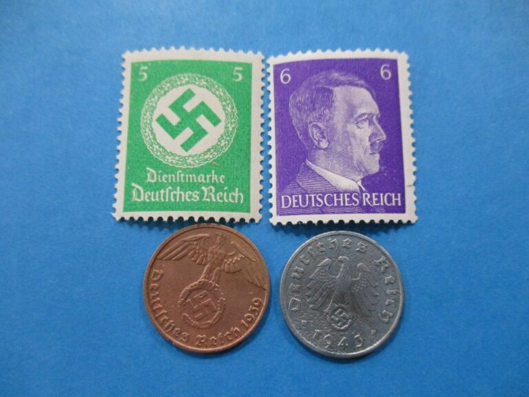 Read more about the article WW2 German 1 Copper Reichspfennig 1 Zinc Swastika Stamps Coins Money Third Reich