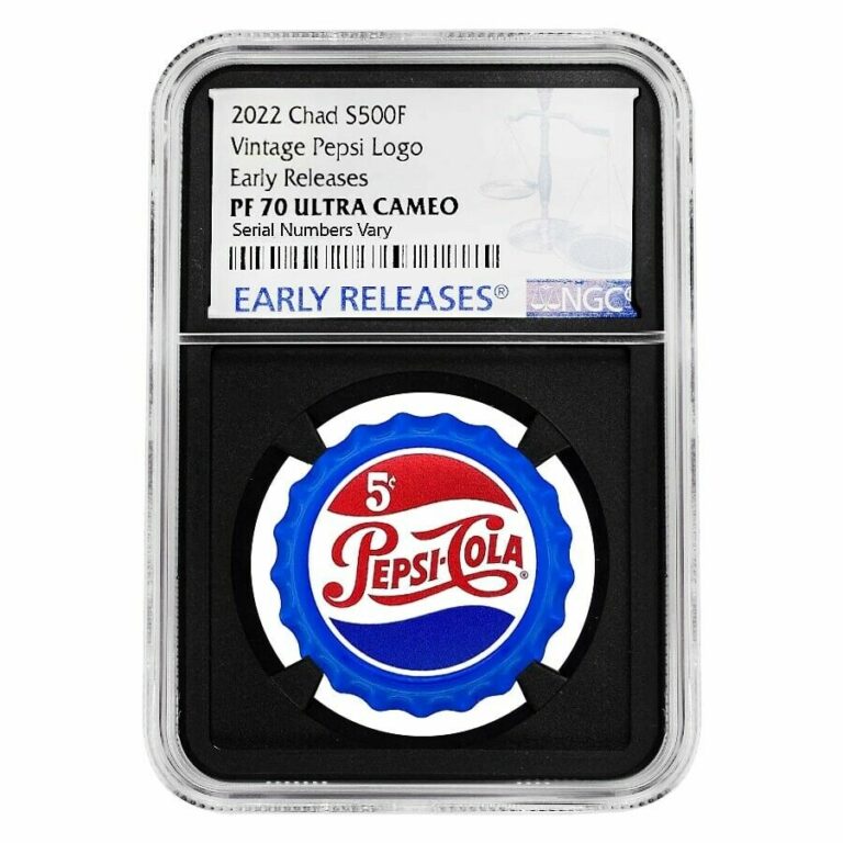 Read more about the article 2022 Chad 6 gram Pepsi-Cola Retro Bottle Cap Silver Coin NGC PF 70 ER Retro Core