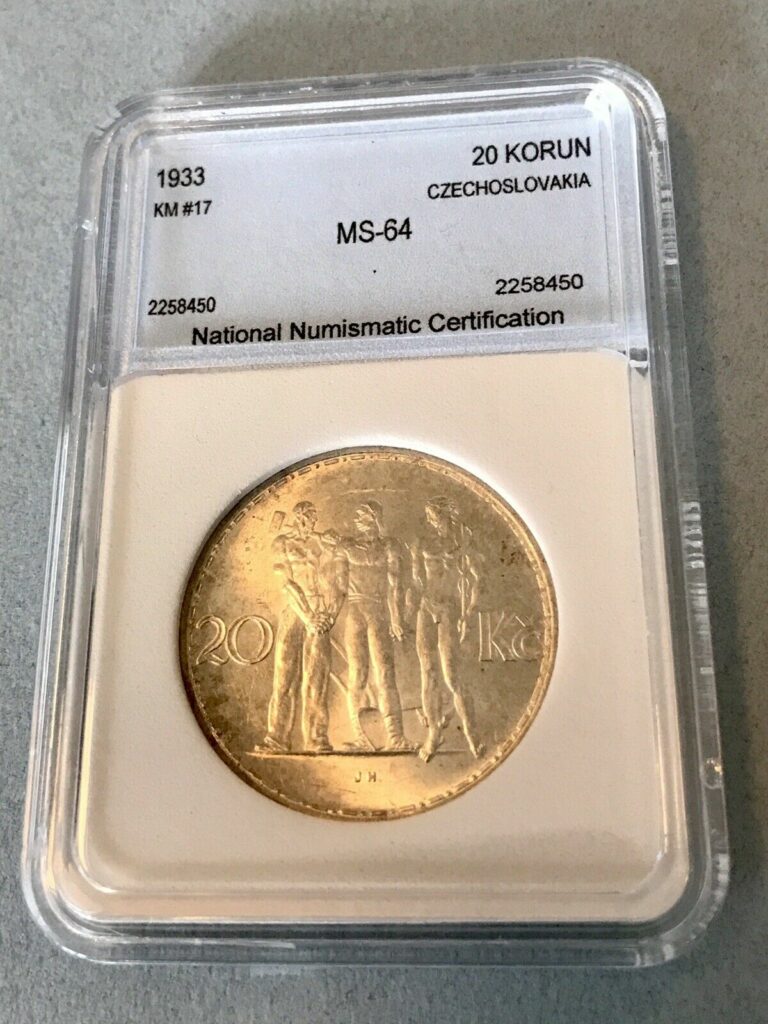 Read more about the article 1933 Slovakia 20 Korun Silver Coin UNC Slight Toning  Beautiful Coin KM# 17