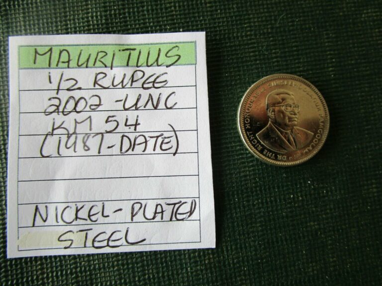 Read more about the article MAURITIUS  1/2 rupee  2002 unc  Km 54 (1987-date)  Stag  Nickel Plated Steel