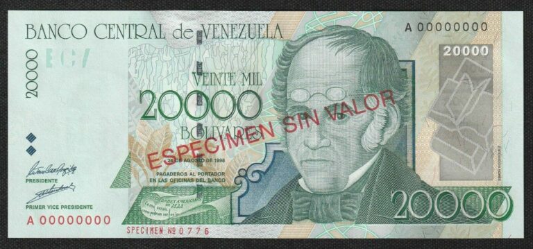 Read more about the article VENEZUELA  20000 Bolivares  Aug-24-1998  Serie A8  UNC (ESPECIMEN SIN VALOR) 