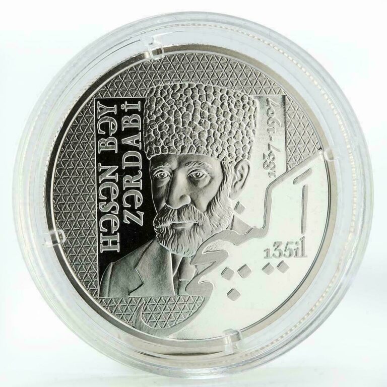 Read more about the article 5 MANAT AZERBAIJAN 2010 KM58 SILVER COIN PROOF Press Media Journalists Maps Poet