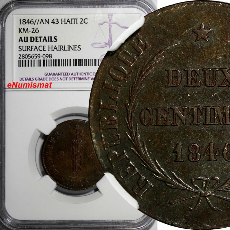 Read more about the article Haiti Copper 1846 // AN 43 2 Centimes NGC AU DETAILS French Strike.KM# 26