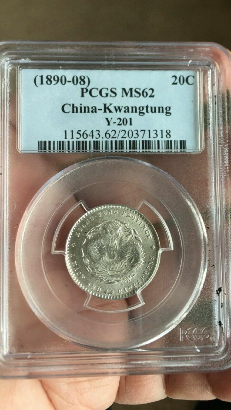 Read more about the article 1890-1908 China Kwangtung Silver 20 Cent Dragon Coin PCGS LandM-136 MS 62