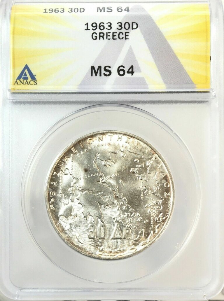 Read more about the article 1963 Greece 30 Drachma Silver Choice Uncirculated ANACS MS64