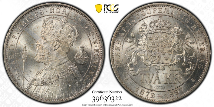 Read more about the article 1897-EB Sweden 2 Kr PCGS MS 65  Silver Jubilee KM-762 Witter Coin