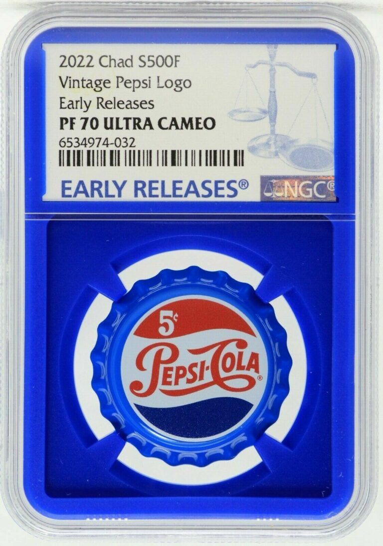 Read more about the article 2022 Pepsi Cola Retro Bottle Cap Shaped 6g Silver Coin NGC PF70 Blue Chad JM847