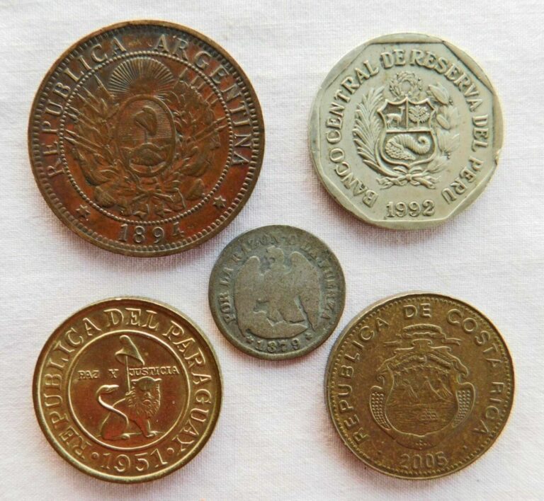 Read more about the article Chile  Argentina  Peru  Paraguay  Costa Rica Coins 1879  1894  Lot of 5
