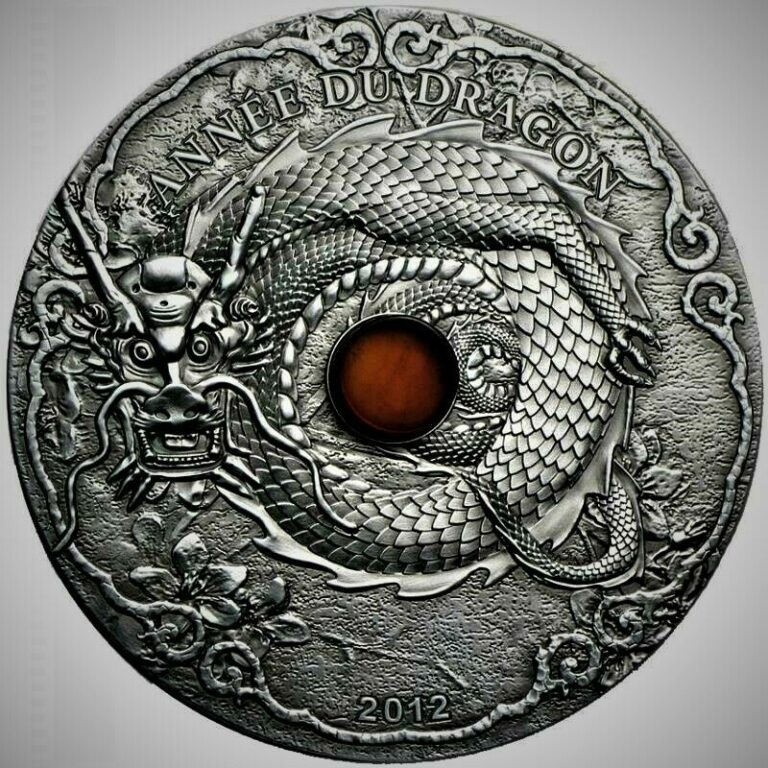 Read more about the article Togo 2012 1 500 Francs CFA Year of / Année du Dragon 2 Oz Silver Coin with Amber