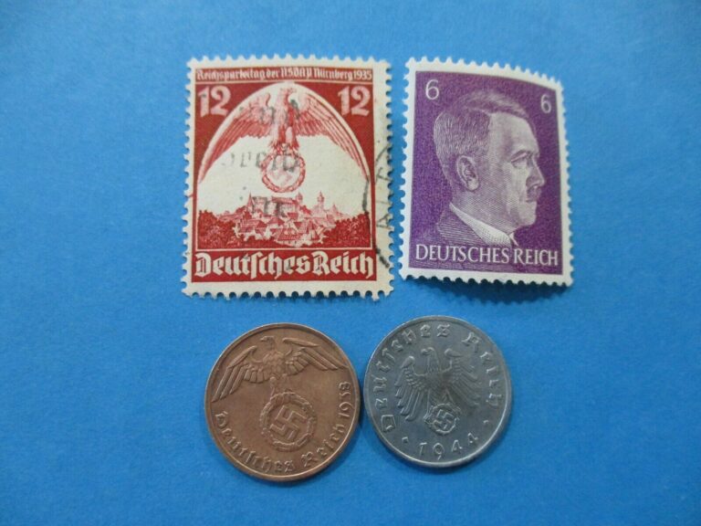 Read more about the article WW2 German 1 Copper Reichspfennig 1 Zinc Swastika Stamps Coins Money Third Reich