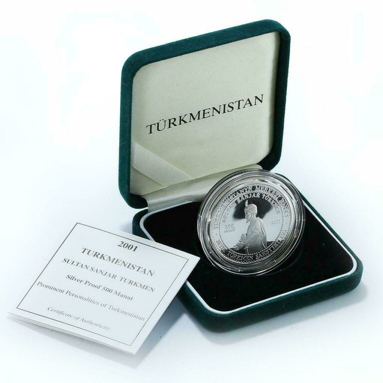 Read more about the article Turkmenistan 500 manat sultan SanjarTurkmenistan Seldjuk silver proof coin 2001