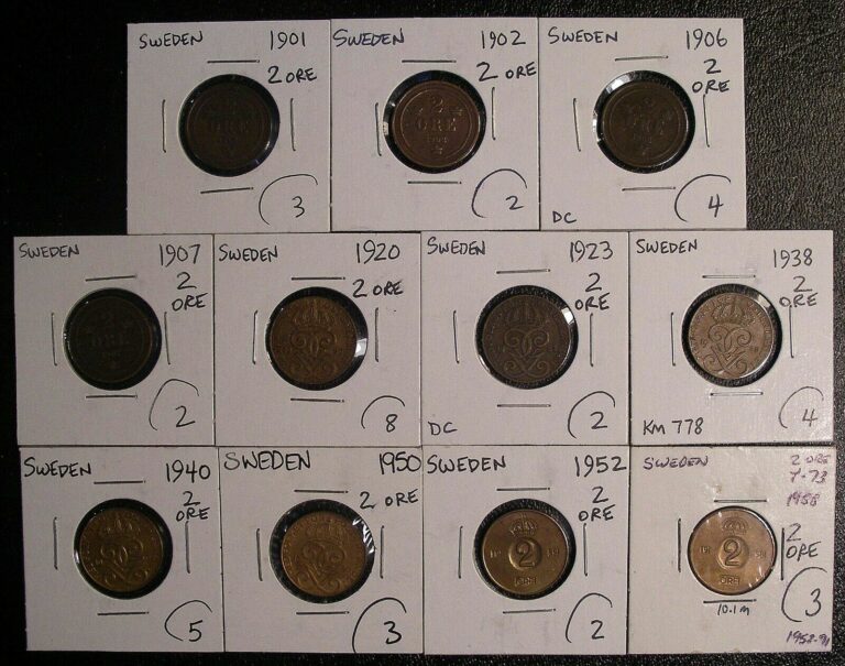 Read more about the article Collection of 11 different SWEDEN 2 ORE coins 1901 to 1958 #8383