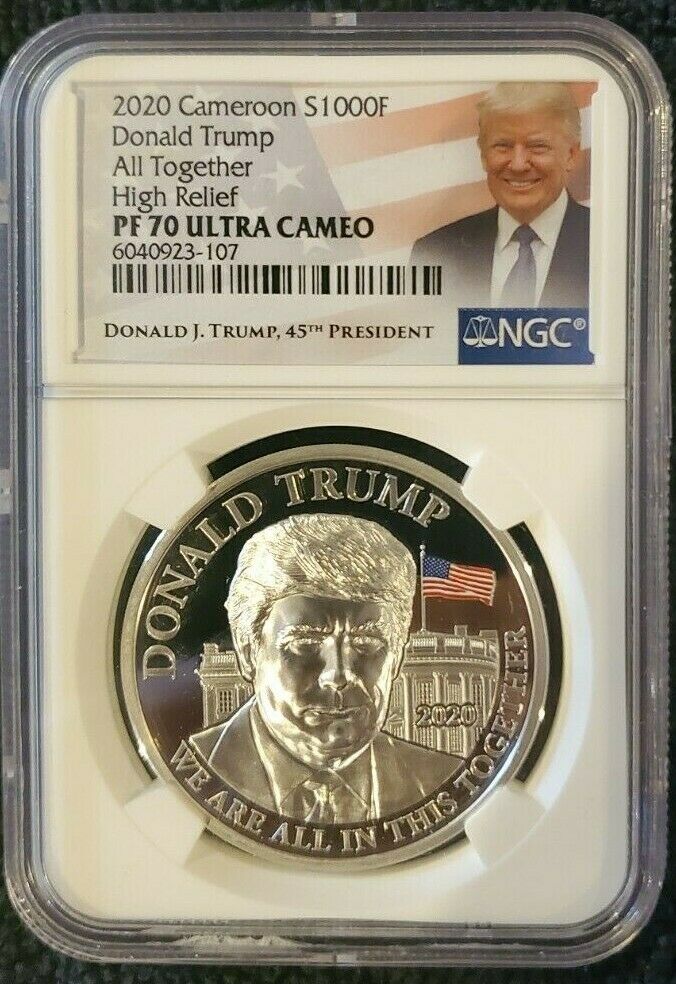 Read more about the article 2020 CAMEROON PROOF SILVER DONALD TRUMP NGC PF70 HIGH RELIEF 1 OZ .999 W COA